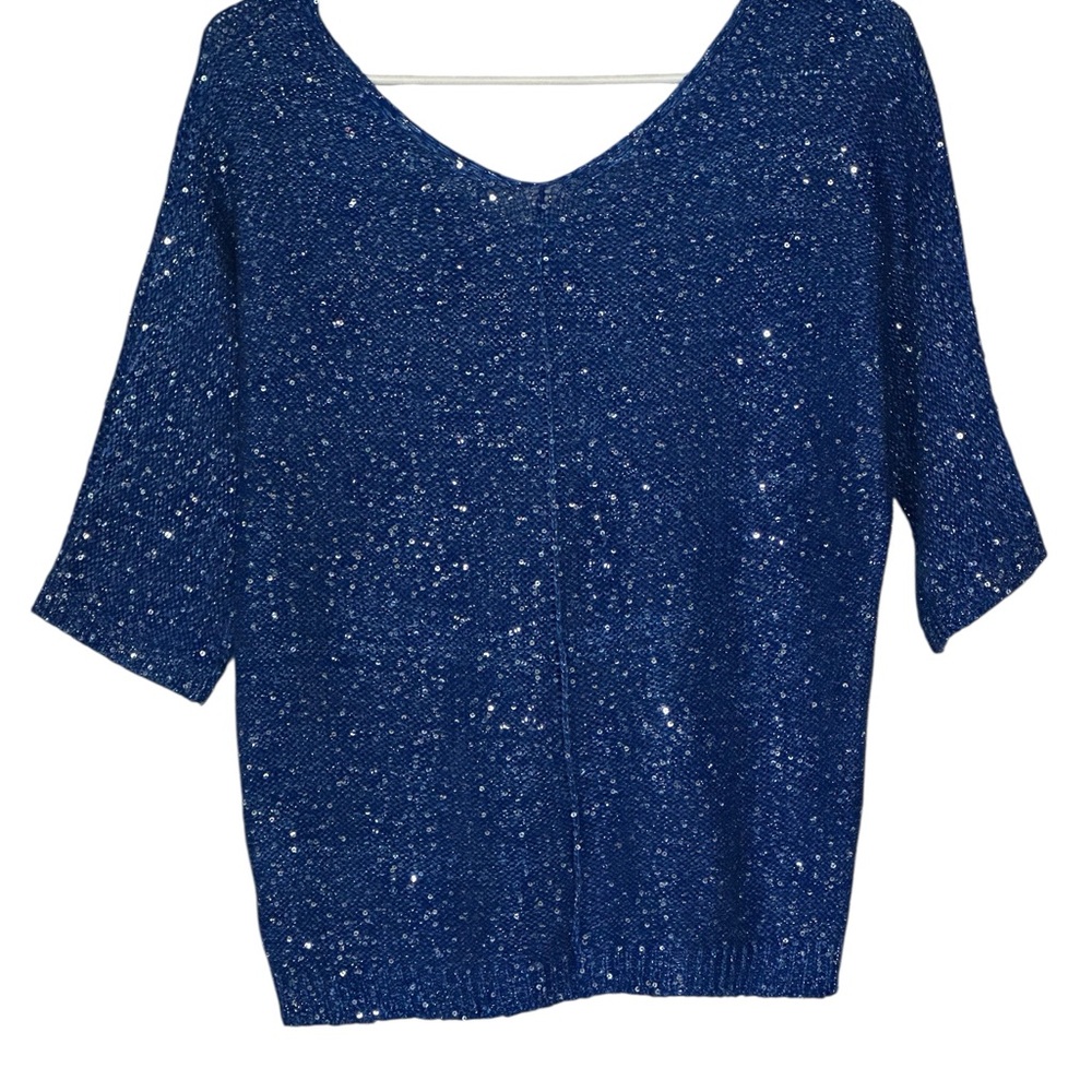 H by Halston Blue Sequin Knit Top Medium NWOT Sparkle Party Blouse - Picture 5 of 7